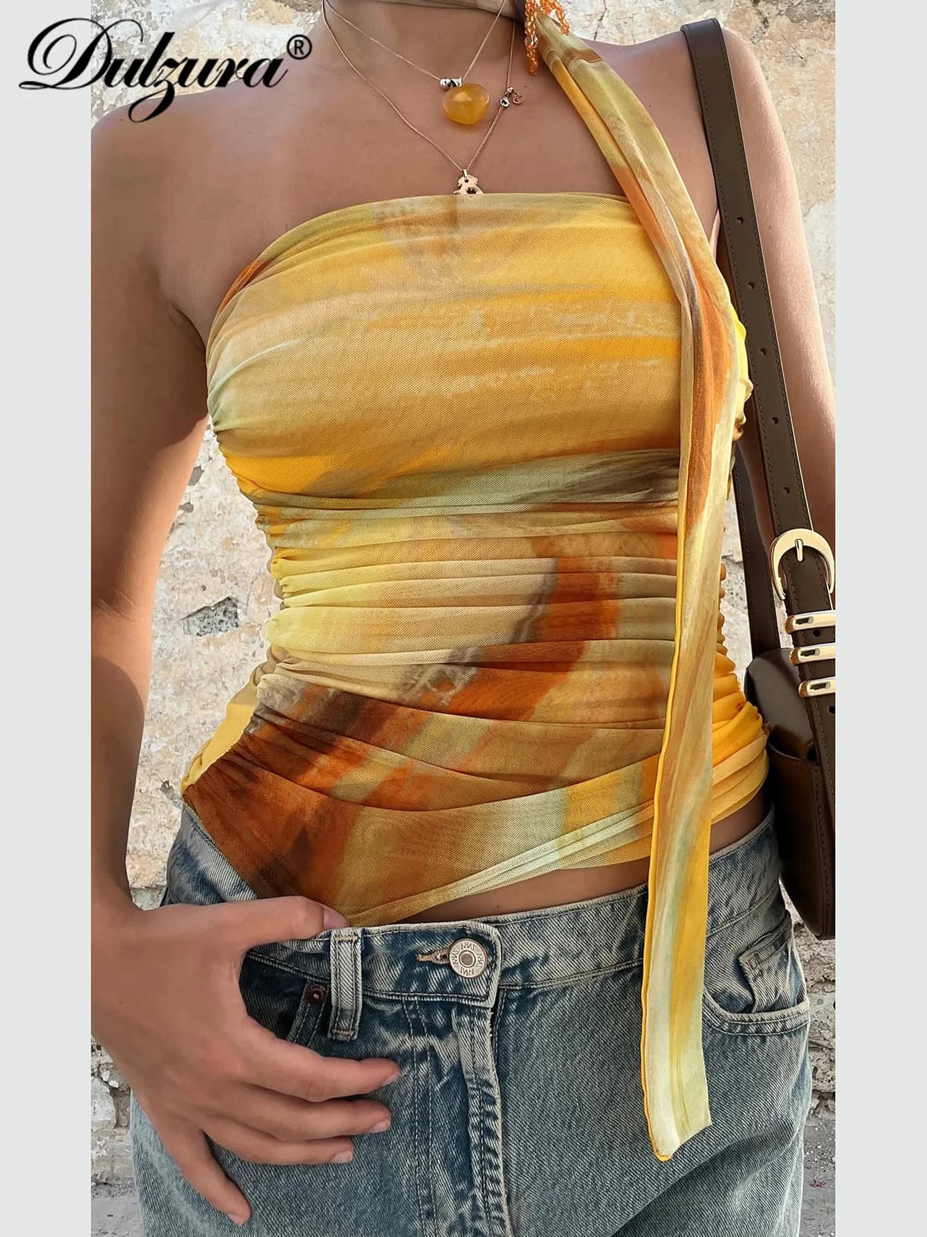 Dulzura Chest Wrapping Ruched Backless Slim Print Crop Tank Top With Scarf Sexy Elegant Casual Y2K Tops Party Club Street Outfit