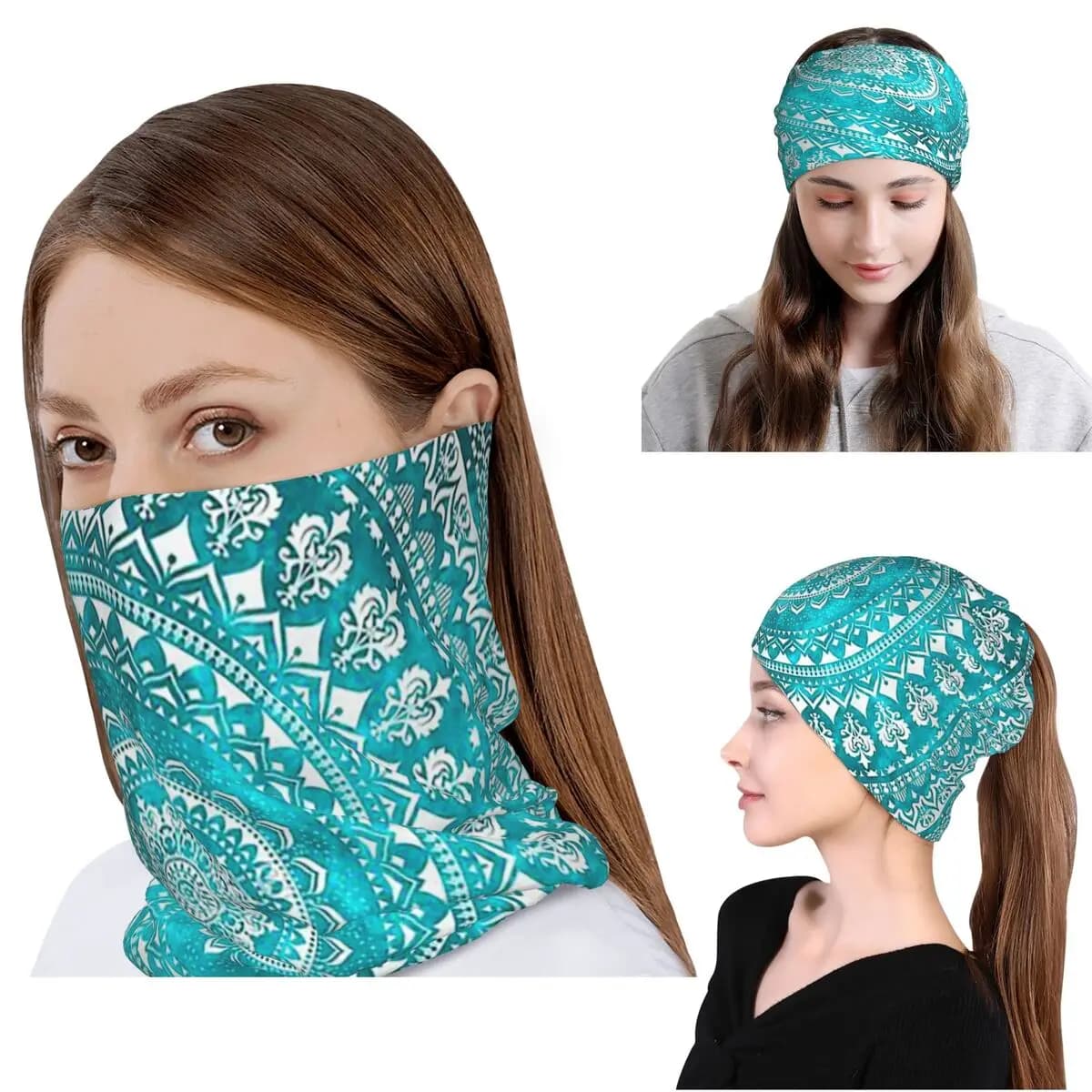 Bandana Mandala turchese, copricollo, maschera, sciarpa, copricapo multiuso, berretto, cappello, unisex, per adulti, traspirante