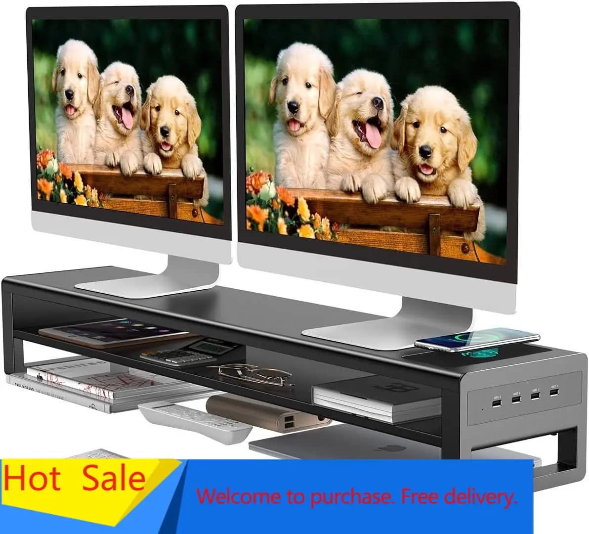 Supporto per Monitor Doppio a 2 Livelli con Base di Ricarica Automatica, 4 Porte USB 3.0, Rialzo per Monitor Doppio, Supporto da Scrivania in Metallo con Vano Portaoggetti, Lungo