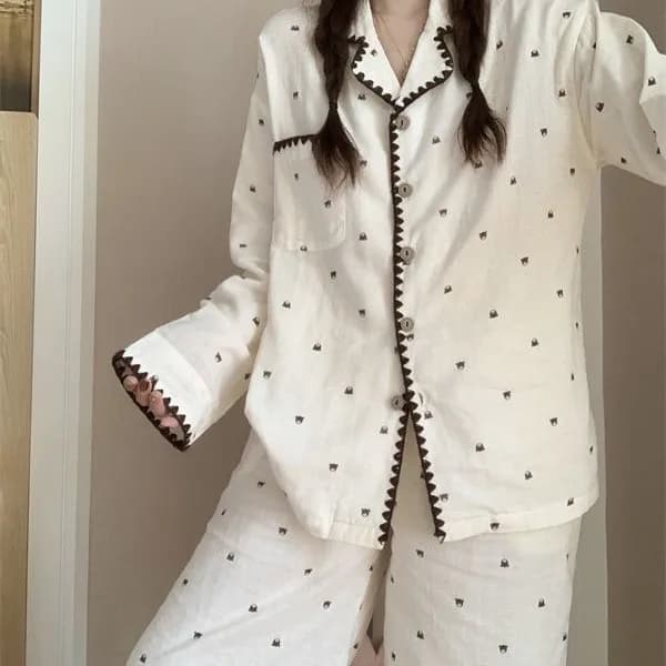 New Girl Spring Autumn Soft Thin Collared Embroidered Set Women Ladies Long-sleeve Top Long Pants Loungewear Woman Homewear Teen