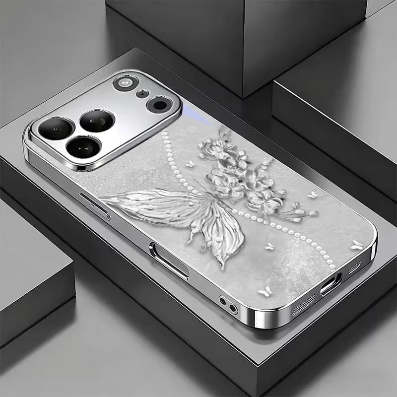 Grey Pearl Butterfly Flower Electroplated Silver Phone Case For iPhone 15 17 16 14 13 12 11 Pro Max Plus 16E 17Air XR 7 8 Cover