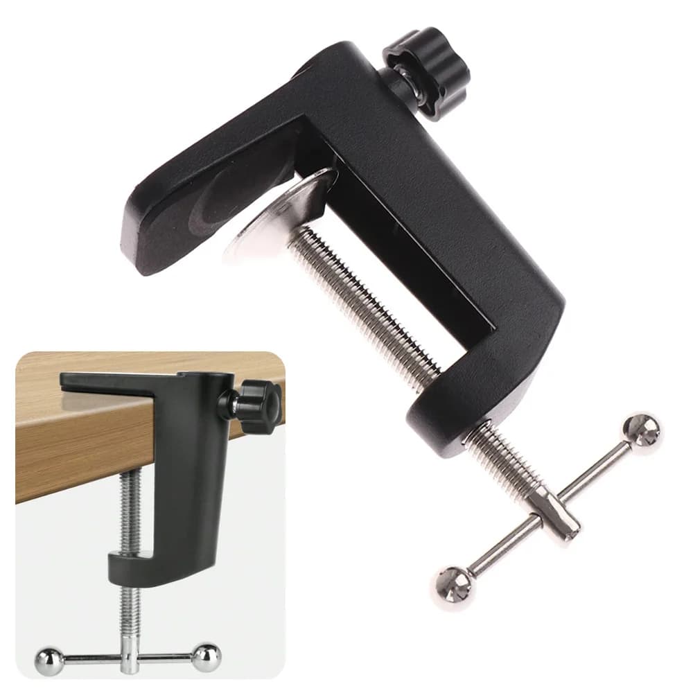 Mounting clamp on desk table with C-shaped clip for table lamp bracket with microphone scissors arm