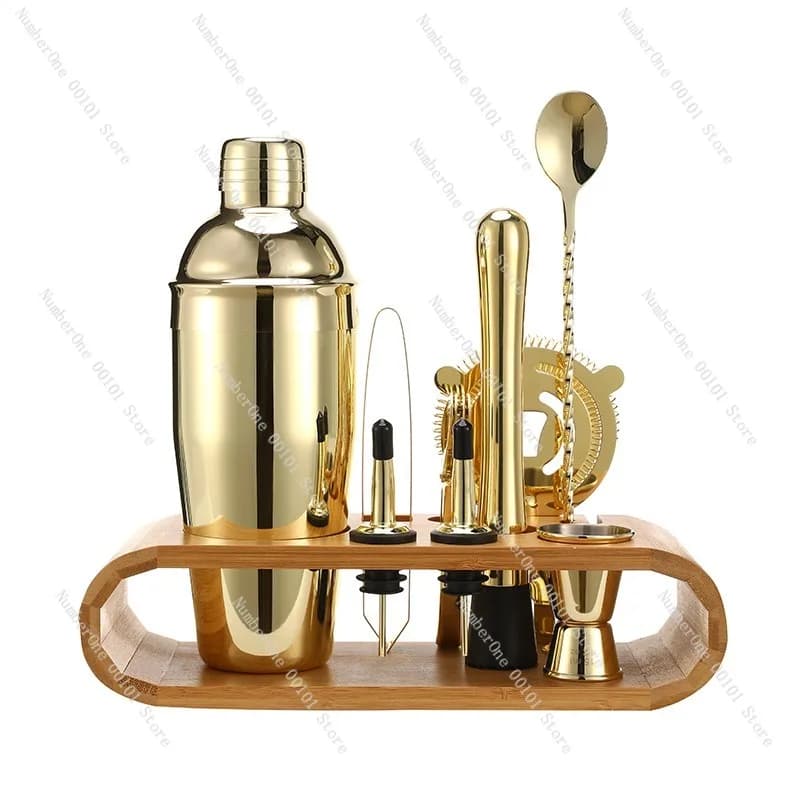Set Shaker per Cocktail in Acciaio Inox, 10 Pezzi con Supporto in Legno, 750ML, Kit Professionale per Barman, Set per Miscelazione Domestica