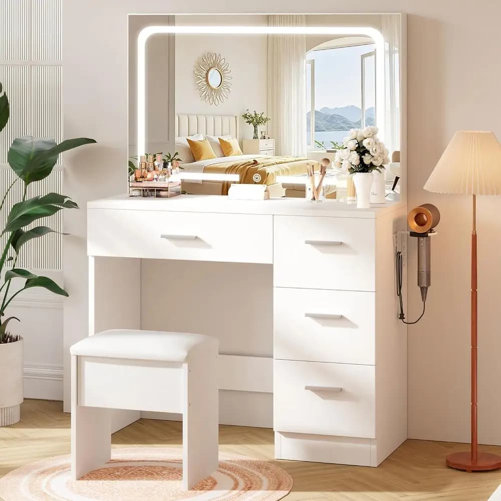 Specchio LED da 35,4 Pollici con Funzione di Ricarica, 4 Cassetti, Supporto per Asciugacapelli - Arredamento Moderno per Camera da Letto