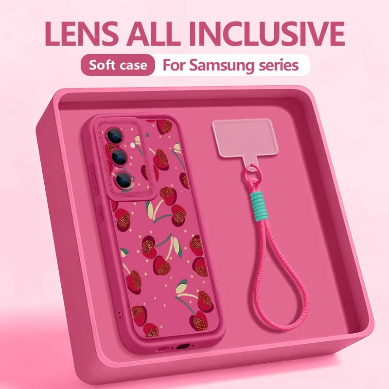 Phone Case with Drawstring and Cherry Pattern for Samsung Galaxy S25 S24 FE S24 S23 S22 S22 Ultra S23 Plus S25 Edge, soft cover with lace