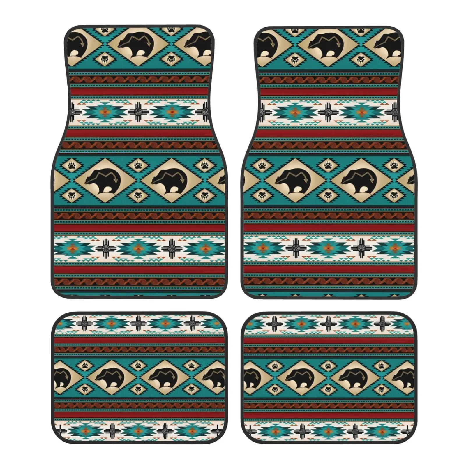 Aztec Bear Pattern Print Car Floor Mats Non-Slip Carpets Rugs Front & Rear Car Foot Mats Set of 4 Pieces Auto Accessories Decor