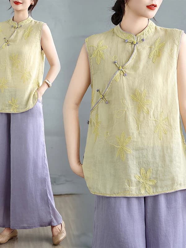 Top ricamato alla moda da donna, taglia grande, stile cinese, giacca senza colletto, camicia estiva, taglio dritto, senza maniche.