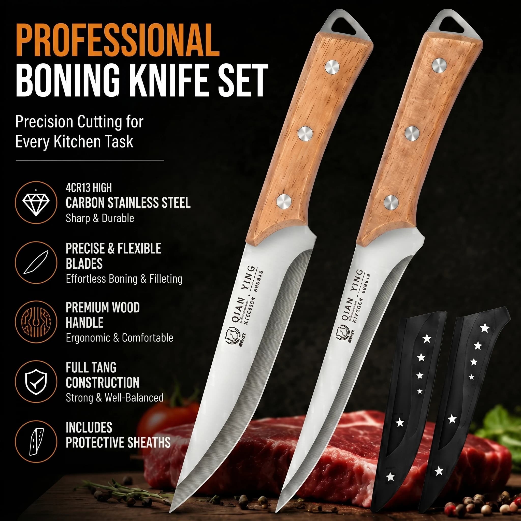New 2-Piece Boning Knife Set with Leather Sheaths – High Hardness Stainless Steel Ultra Sharp Chef Knife for Home Kitchen & BBQ