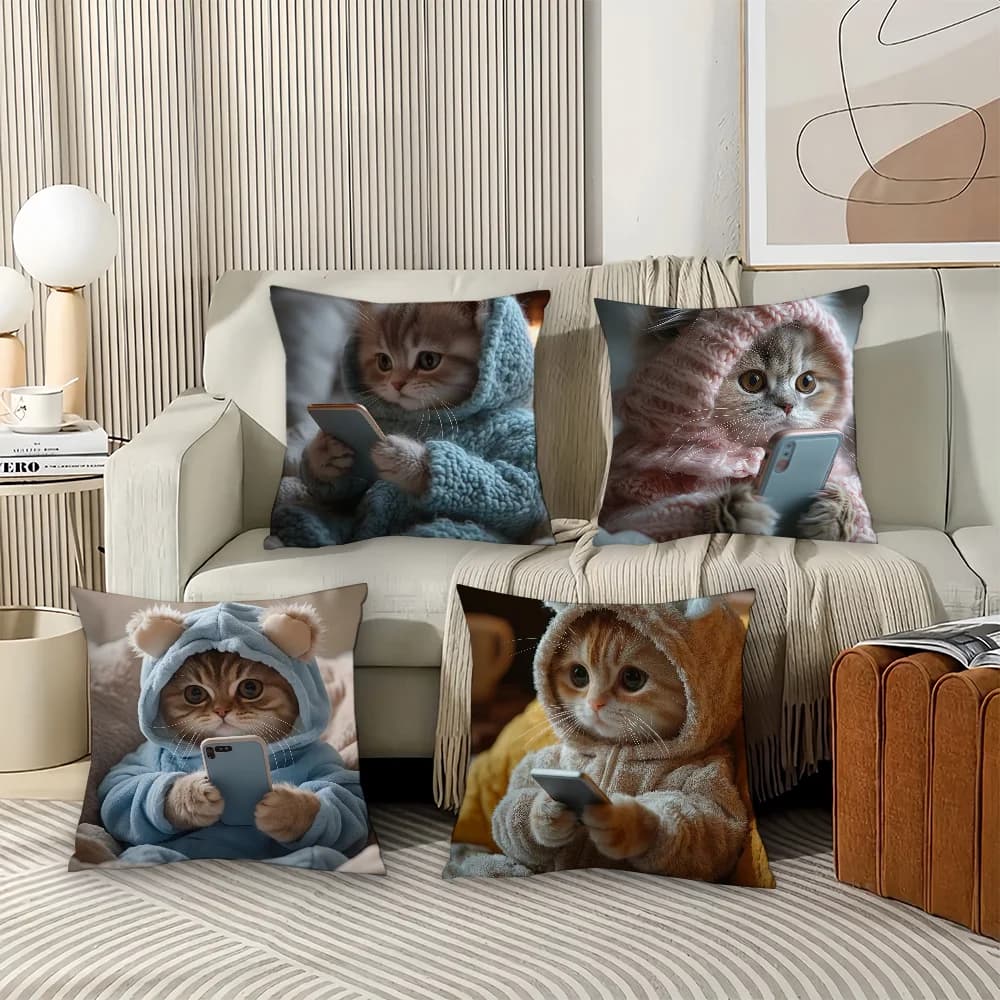 Simpatico gattino con cappuccio Federa per cuscino kawaii Cuscini da ufficio adatti per divano, auto, camera da letto, fodera per cuscino decorativa