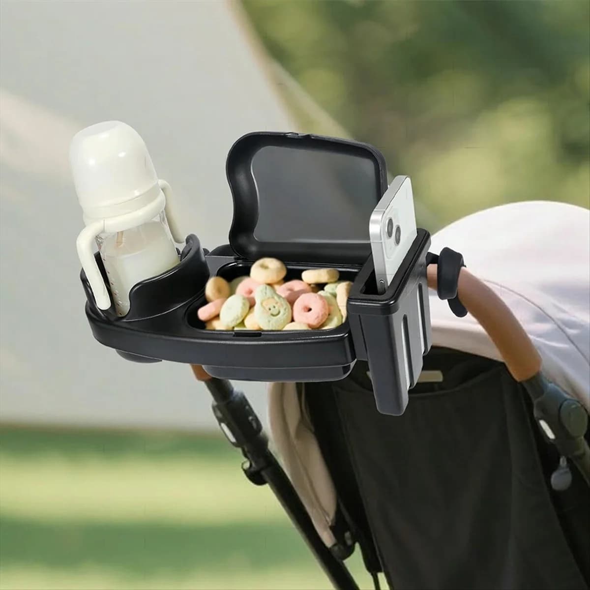 2025+ Attacco universale per vassoio per snack per passeggino con copertura antipolvere Robusta morsetto per porta snack per tazza per passeggino