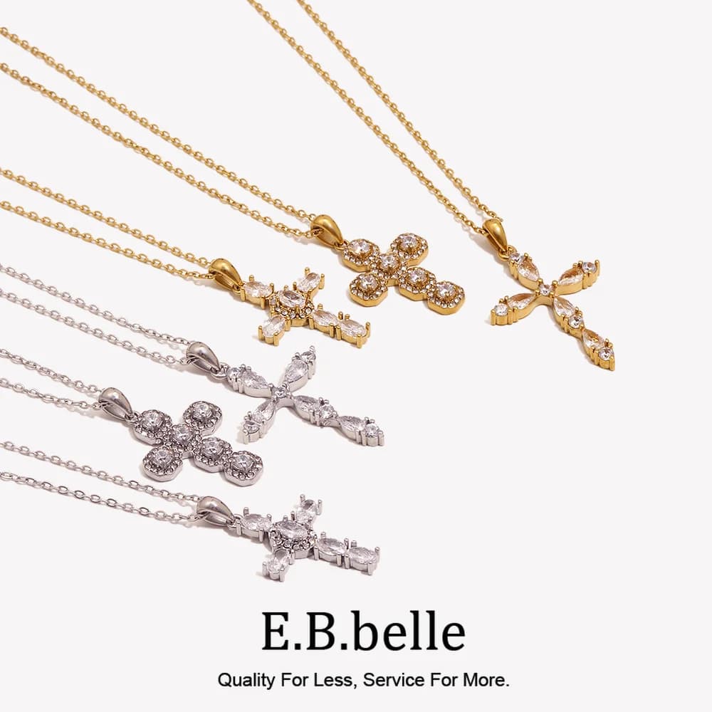 E.B.belle Multi-style Zircon Cross Pendant Necklace 18K Gold Plated Stainless Steel Chain Minimalist Jewelry Women Accessories