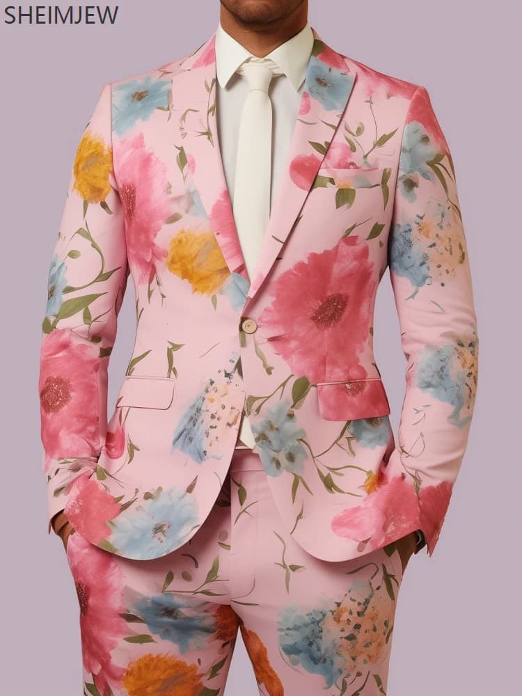Moda fiore colorato sottile abito da uomo pianta stampa 3d matrimonio casual giacca di San Valentino pantaloni festa set di spettacoli per feste