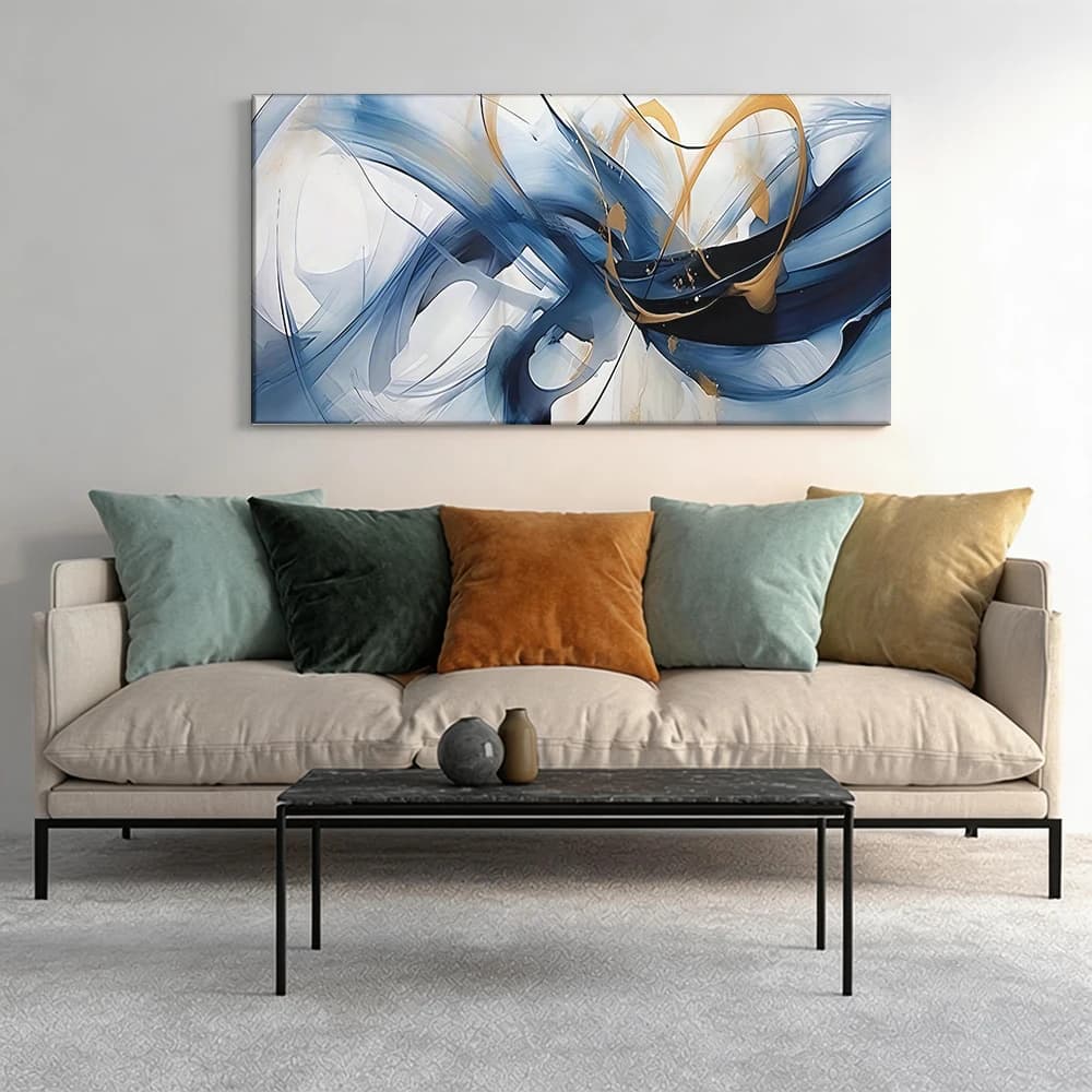 Painted on canvas with large solid wood frame, 1 piece, with smooth shades of blue and gold.