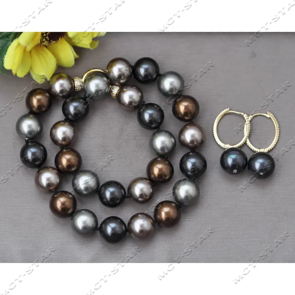 Z14035 Set 17'' 14mm Coffee Black Champagne Round South Sea Shell Pearl Necklace Dangle Earring CZ