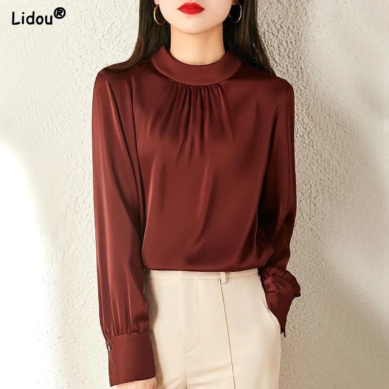 Manica lunga temperamento dignitoso girocollo primavera estate tinta unita Premium Fashion Casual t-shirt abbigliamento donna Vintage