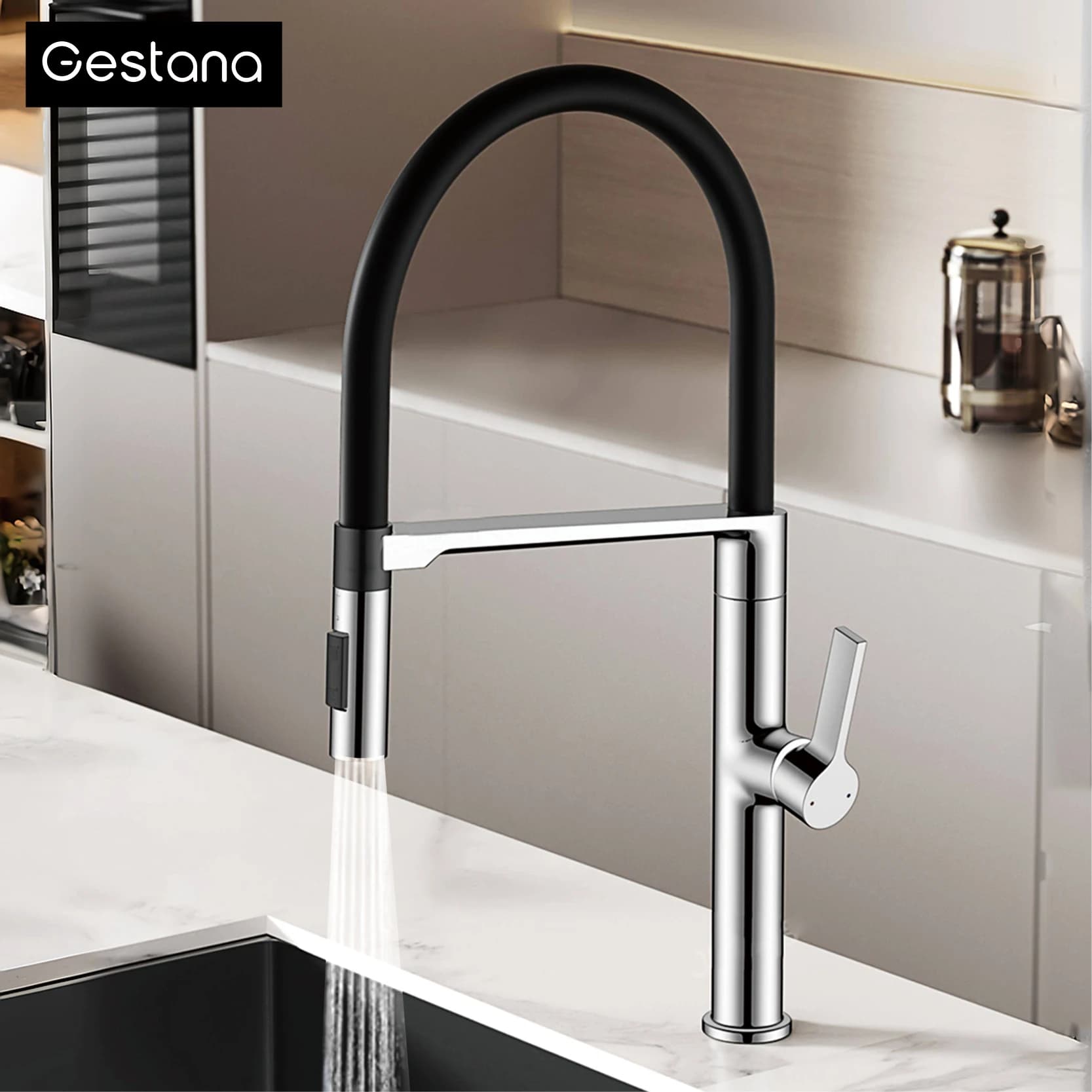 Gun Grey Brass Kitchen Faucet Pull-Out Sink Tap Hot&Cold Water Mixer Contemporary Durable Fixture Easy Install Premium Quality