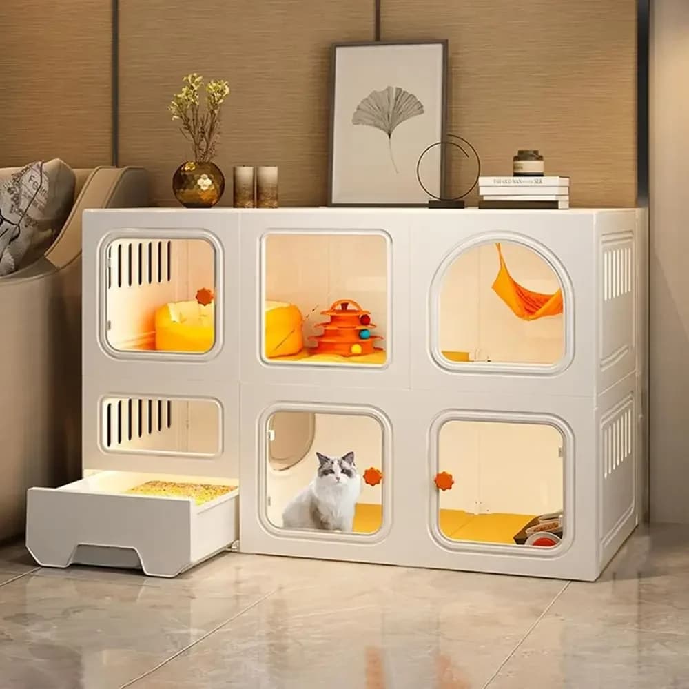 Multi-Level White Indoor Cat Cage with Litter Box, Large Size (41.7x18.3x27.9in)