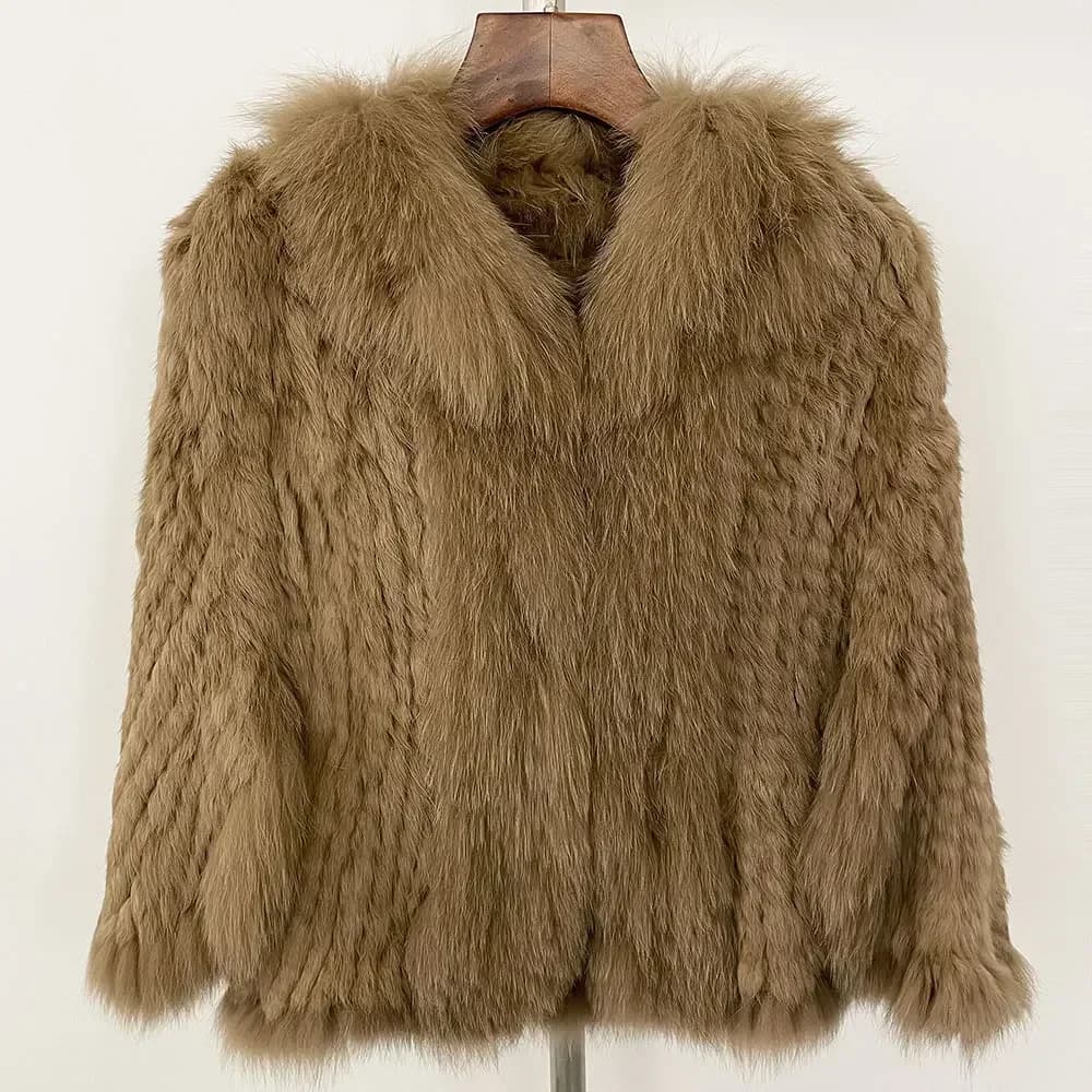 Autumn Winter Knitted Shawl Real Rabbit Fur Coat 2024 Winter New Natural Real Rabbit Fur Coat Natural Fox Fur Collar Fur Jacket