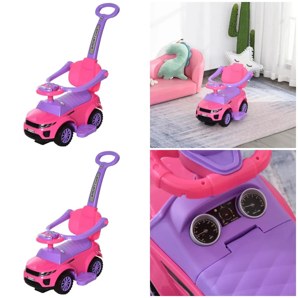 Auto a spinta 3 in 1 per bambini piccoli, passeggino con clacson, musica e luce, barra di sicurezza, giocattolo da passeggio per ragazzi e ragazze di 1-3 anni, P