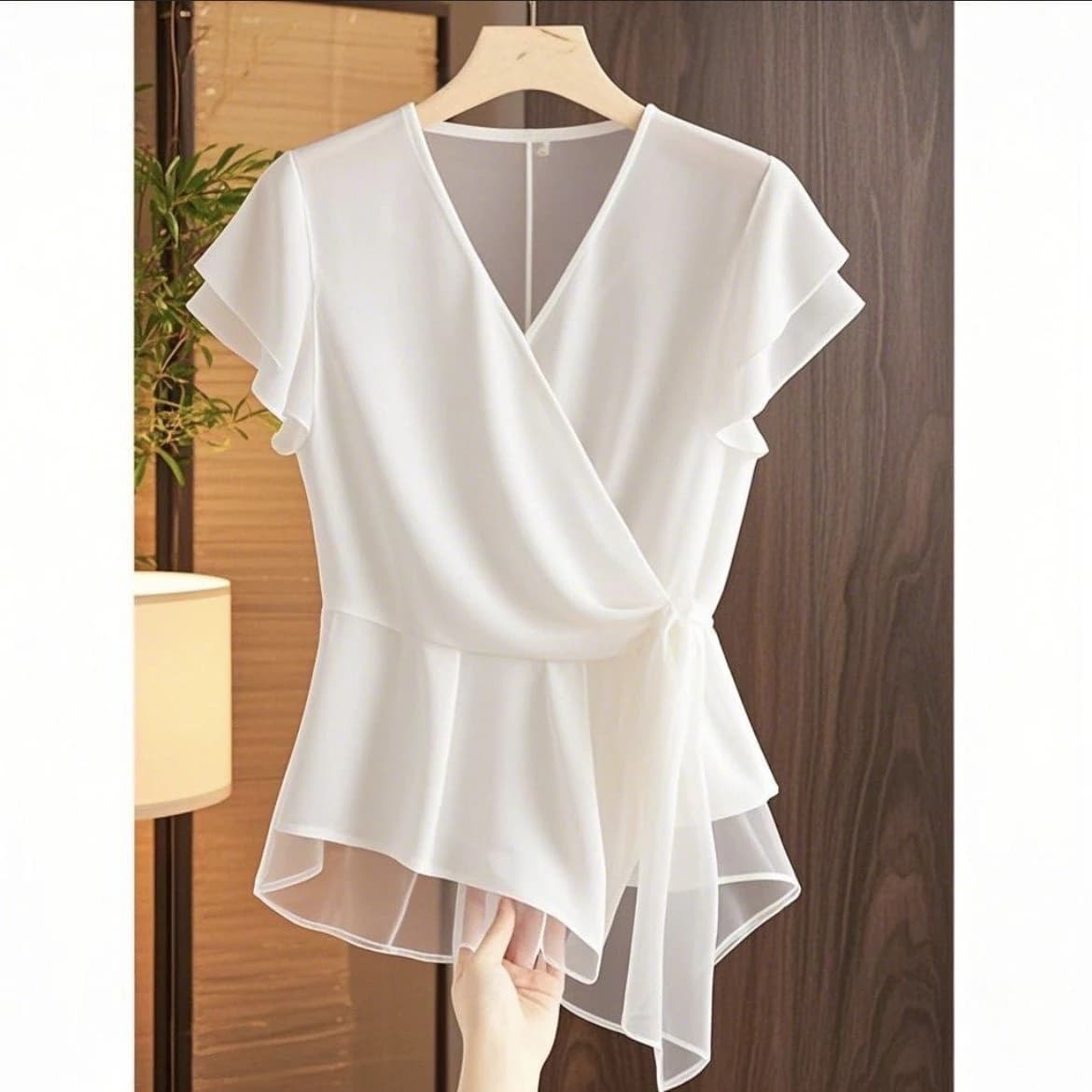 Camicia a maniche corte slim fit da donna, alla moda, con cintura, traspirante, comoda, stile coreano, per il pendolarismo, Primavera 2026