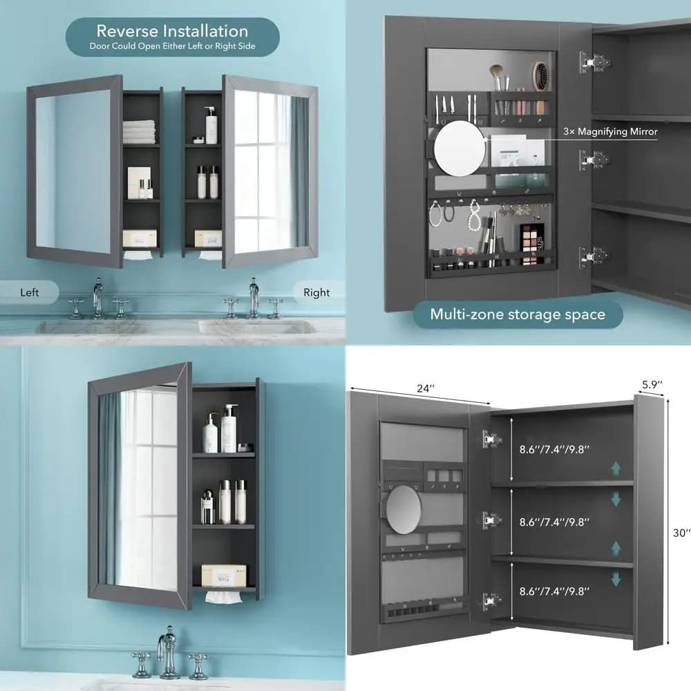 Armadietto da bagno - Armadietto da parete grande con anta singola da 24x30 pollici, specchio, porta medicinali, porta fazzoletti e spazio multifunzionale
