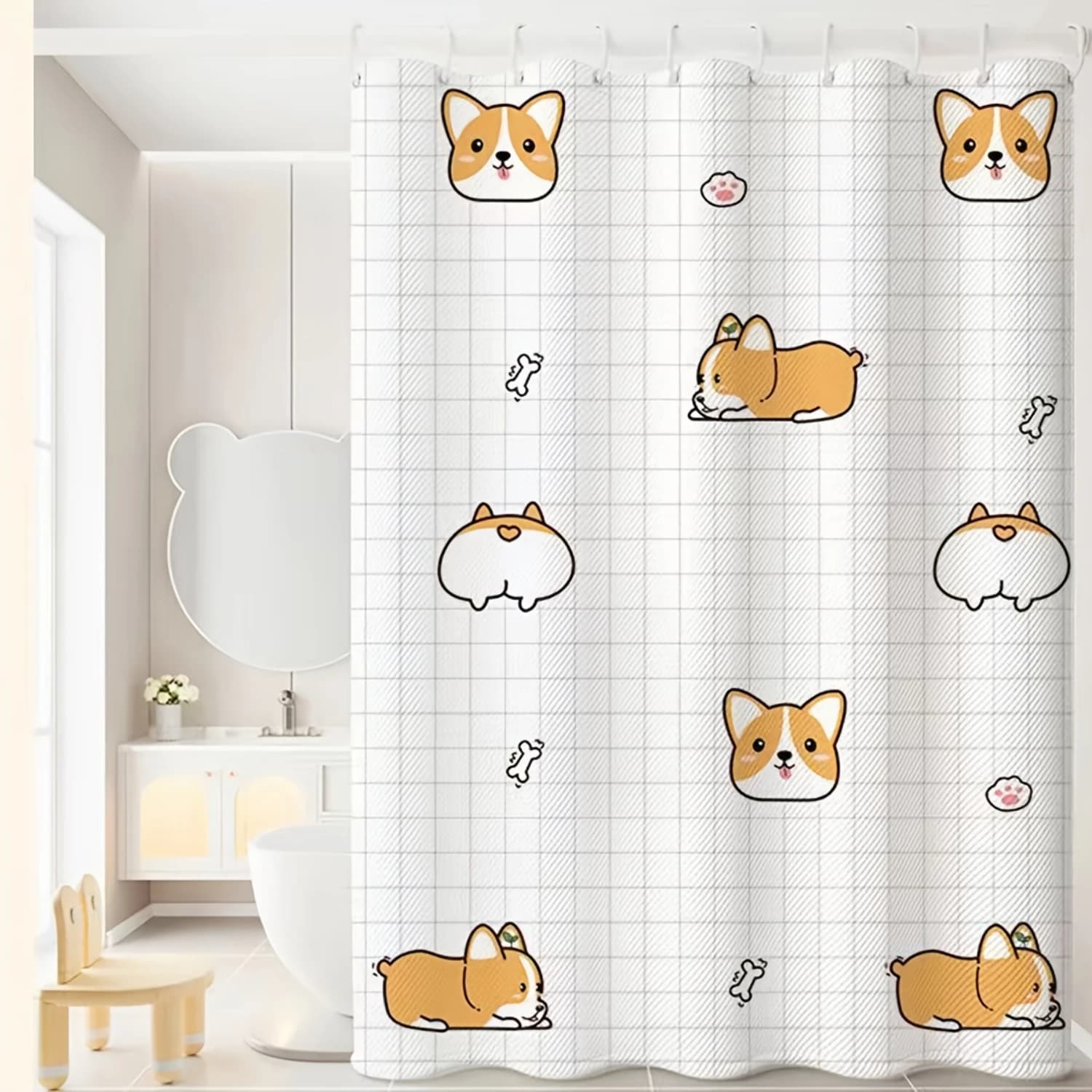 Tenda da doccia stampata Corgi, impermeabile e resistente alla muffa, lavabile in lavatrice, accessorio da bagno