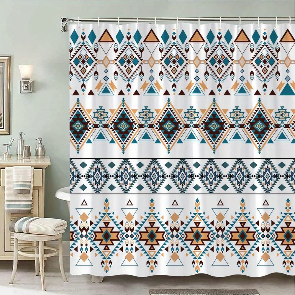 Tenda da doccia geometrica del sudoccidentale: arte tribale marrone terroso, arancione e verde acqua, motivi con diamanti e triangolari, lavabile in lavatrice