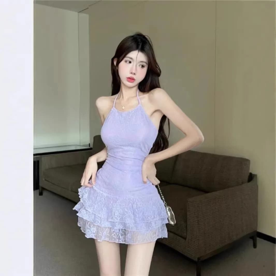 Sweet And Spicy Girl Lace Splice Halter Neck Slimming Women's Summer A-Line Backless Strapless Pleated Short Dress Skirt