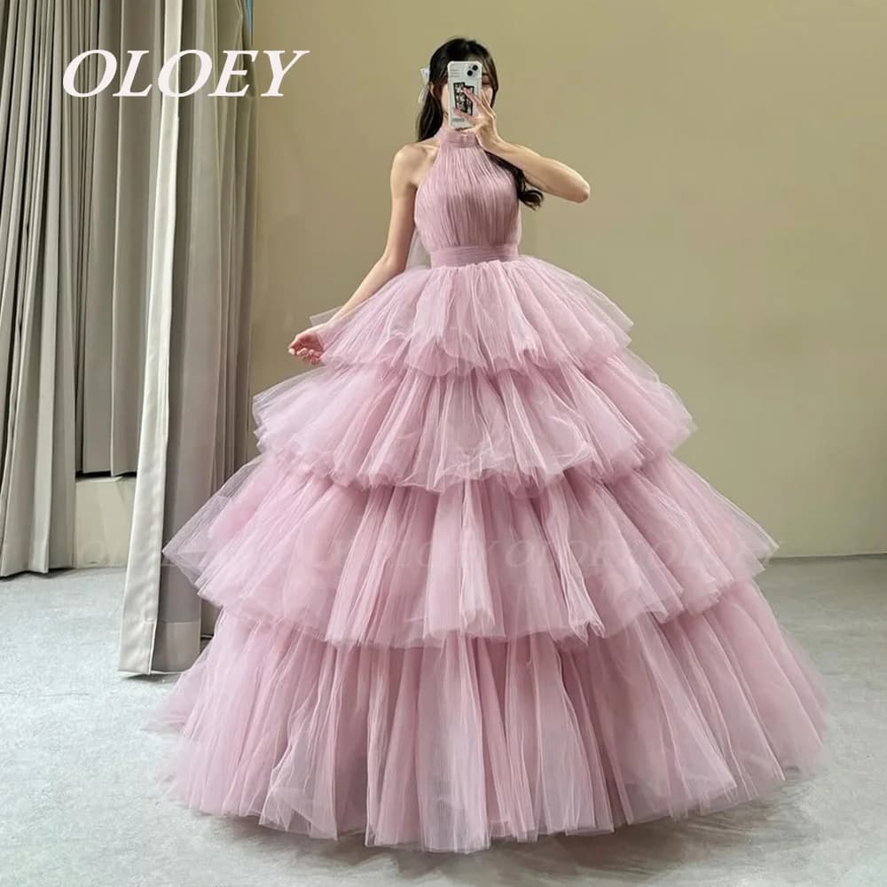 OLOEY Abito da ballo di lusso viola con scollo all'americana A Line Corea Servizio fotografico di matrimonio Abito da compleanno in tulle a strati drappeggiato Corsetto personalizzato sul retro