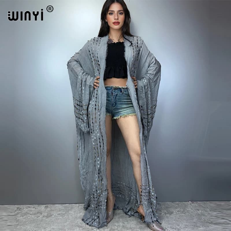 WINYI kimono estivo Cardigan tinto a mano beachwear abito da sera abaya dubai copricostumi di lusso abiti da spiaggia donna maxi cappotto caftano