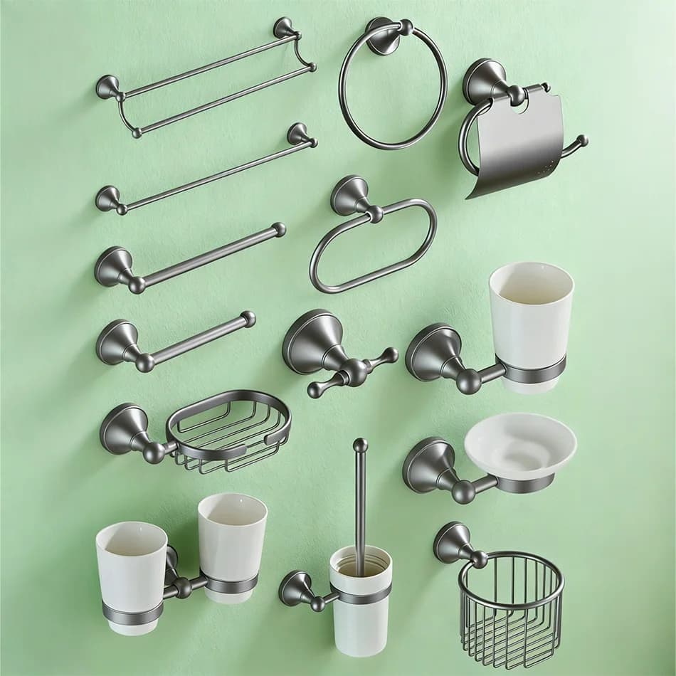 Accessori da bagno grigi Portabicchieri in ceramica a parete Porta spazzole WC Porta asciugamani di carta Anello Bar Accessori da bagno Set di hardware