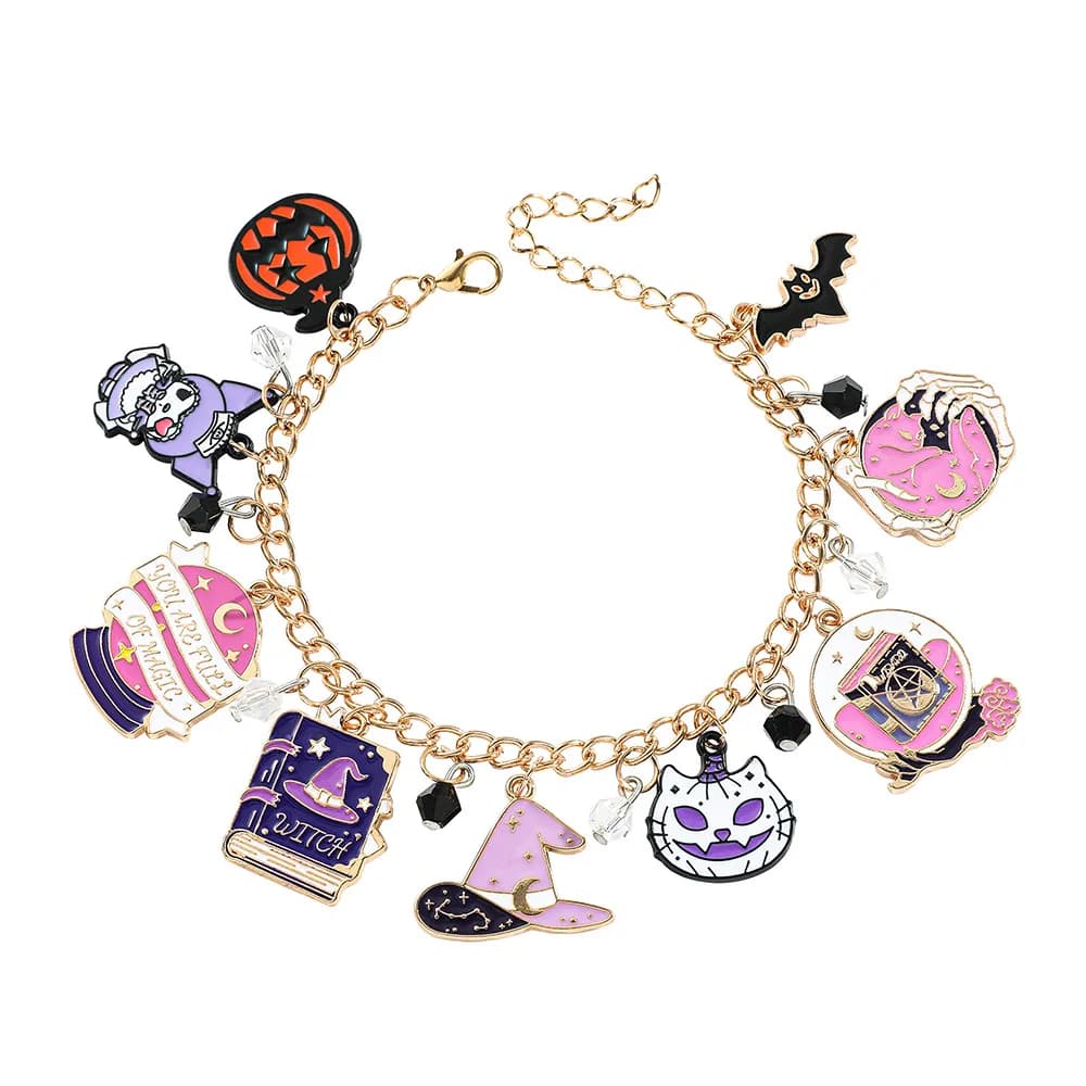 Braccialetto a tema Halloween Sanrio Kuromi, in lega di zinco con ciondoli a sfera di cristallo magica e cappello da strega, gioiello regolabile color oro