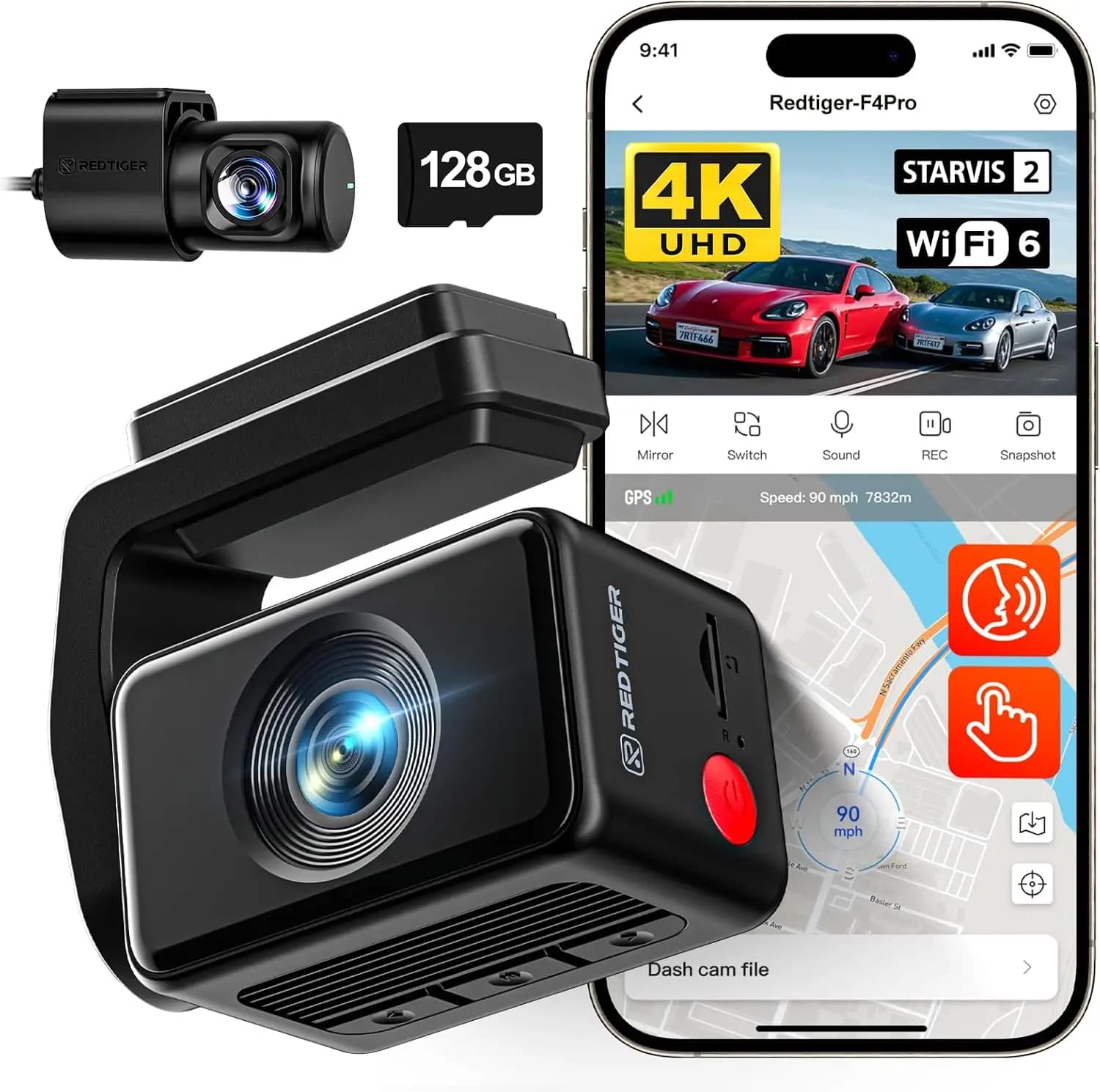 Dash Cam Dual 4K with Night Vision, WiFi 6, 128GB Card, Touch Screen and Auto Security Vocal Control