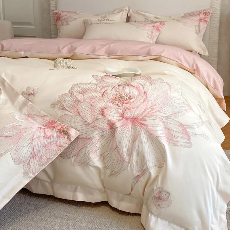 Set di biancheria da letto di lusso con ricamo di fiori in cotone egiziano 1000TC Set copripiumino crema/rosa Federe lenzuolo piatto/con angoli 4 pezzi
