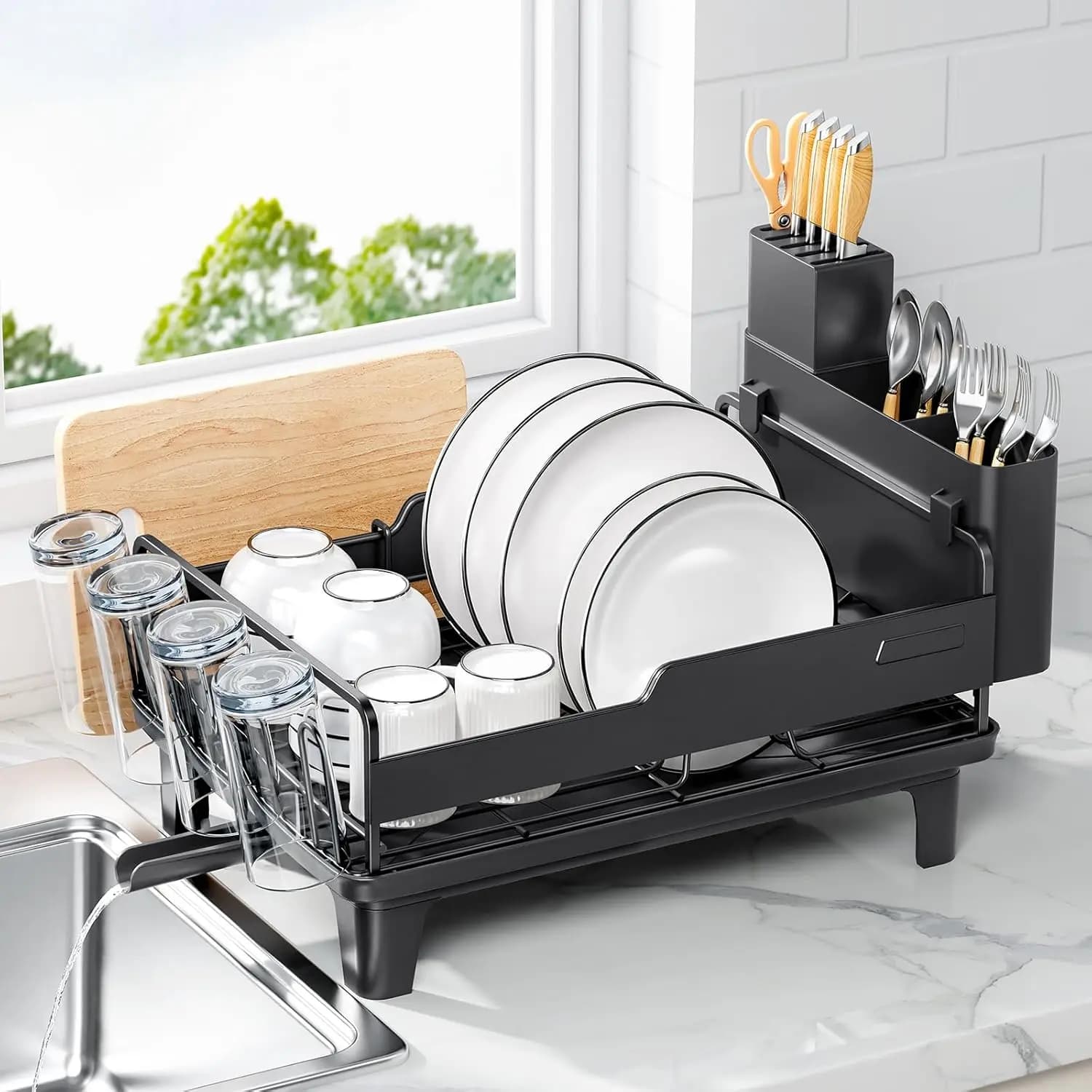 Scolapiatti Multifunctional Black with Tray, Glassware and Tablets for Kitchen Floor