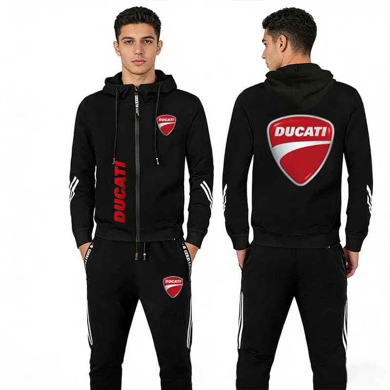 Completo da uomo Ducati Primavera/Estate 2026: Set sportivo stampato con felpa con cappuccio e zip, abbigliamento da moto