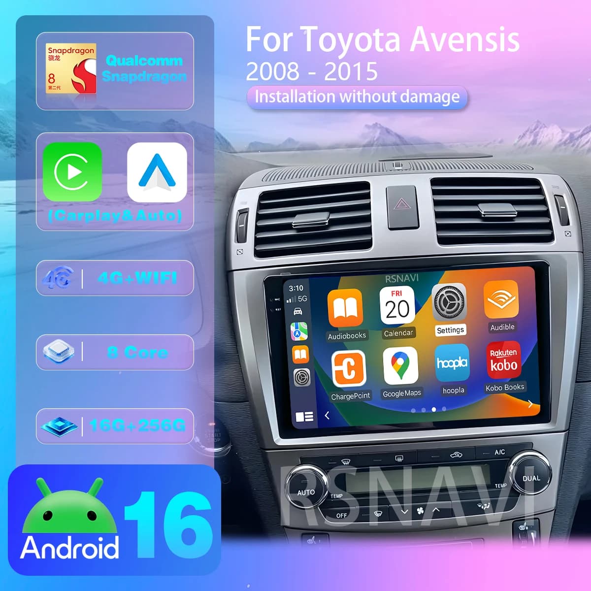 Android 16 per Toyota Avensis 2008 - 2015 Carplay Auto Radio Multimedia Player Autoradio GPS Stereo con controllo tramite app e telecamera a 360°