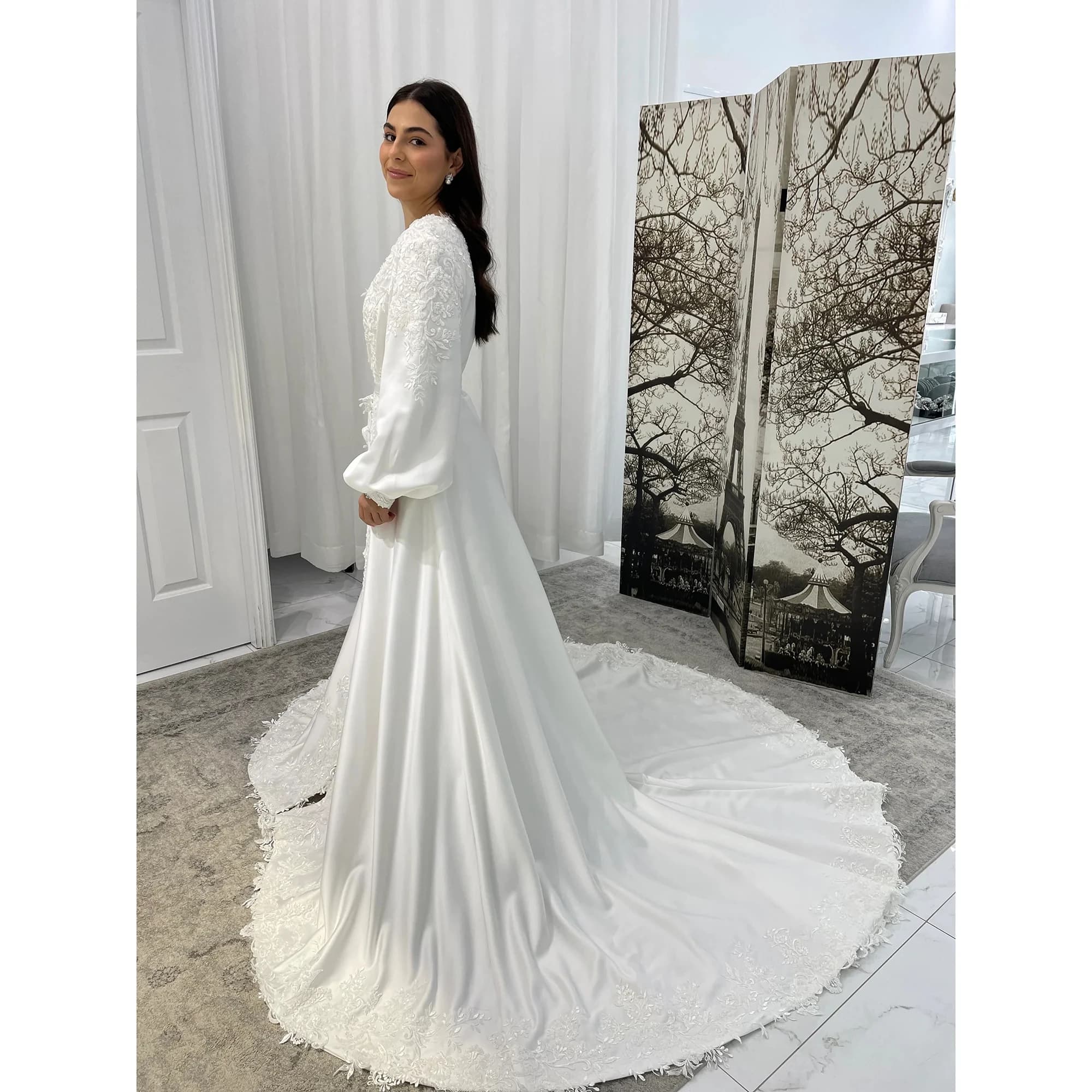 Elegant wedding dress in satin lace long sleeve Lingerie woman photo dresses robe Boudoir Maternity dress for Babyshower