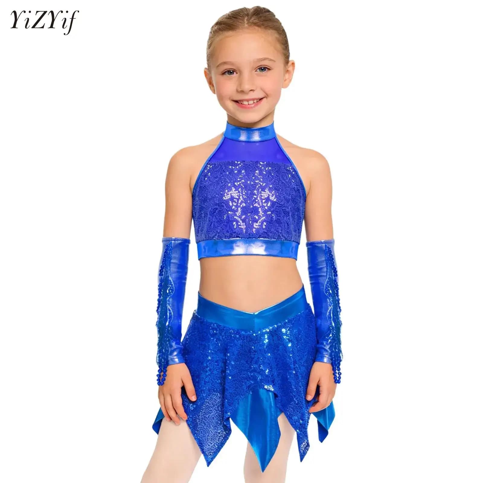 Vestito unitario con paillettes per bambina per performance Jazz moderno Balletto latino Halter Crop Top Body Gonne Samba Rumba Dancewear