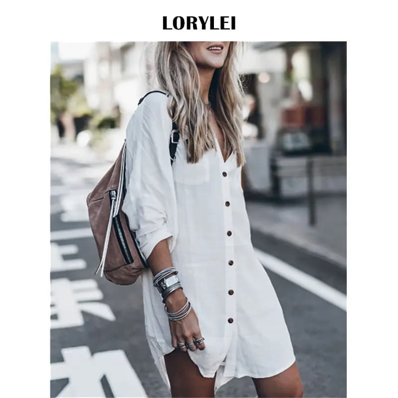 Women's Dress Summer Fashion Beach Top Swimwear Swimwear Summer Sleeve Long Pocket White Button Open On Front Dress Shirt N648