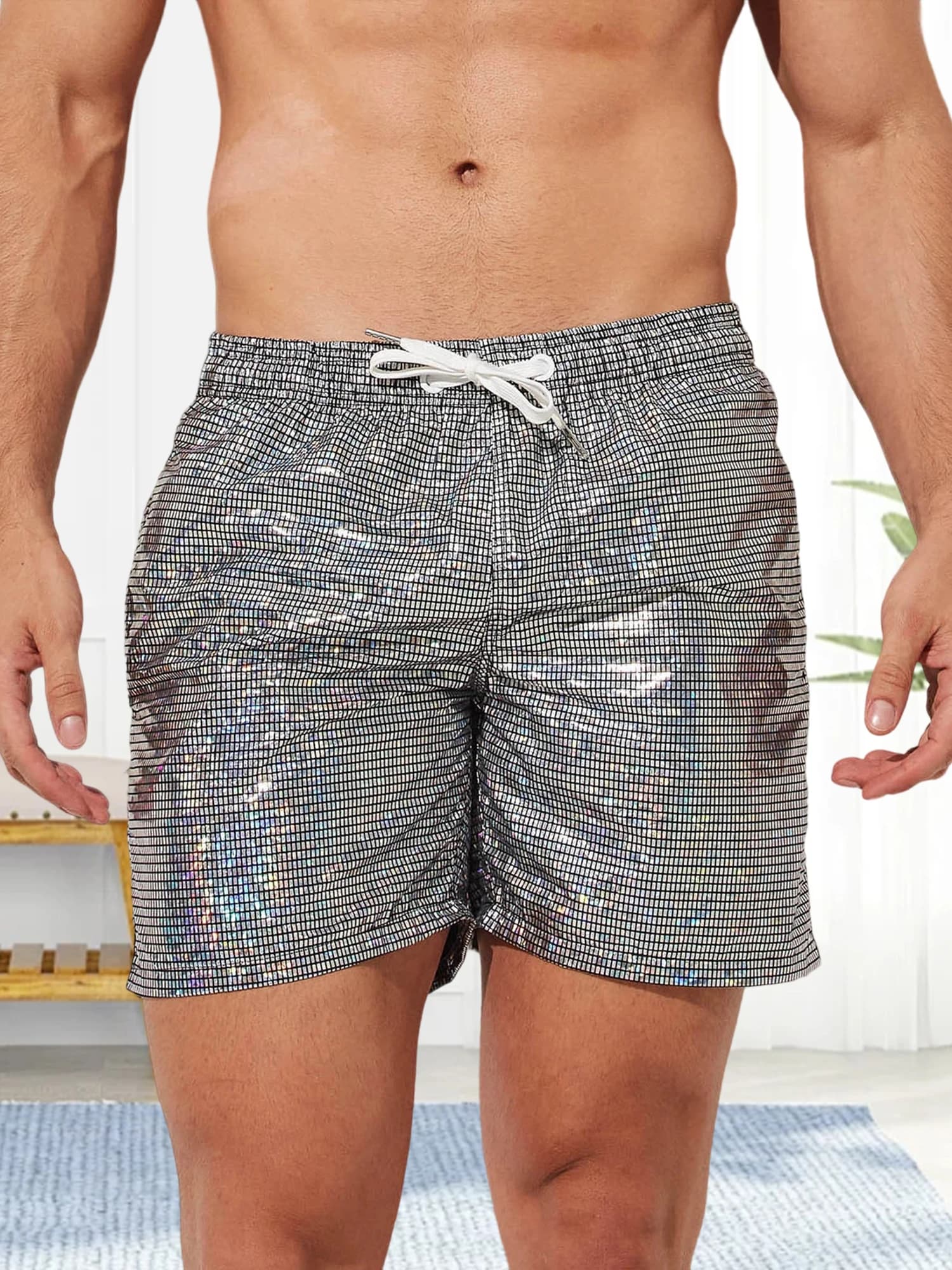Pantaloncini casual da uomo in vita elastica con dettagli di paillettes lucide, perfetti per le scariole estive e nei giorni sulla spiaggia