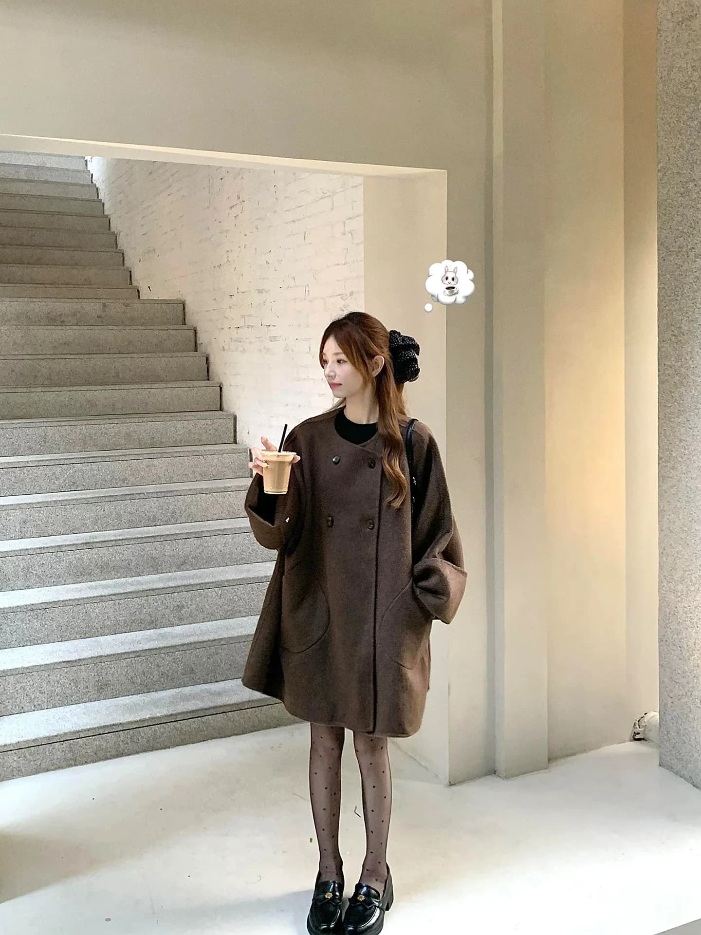 Caramel Short Woolen Coat Lady Autumn Winter Korean Style Small Size Outerwear Cowl Neck Drapey Jacket Commute Friendly