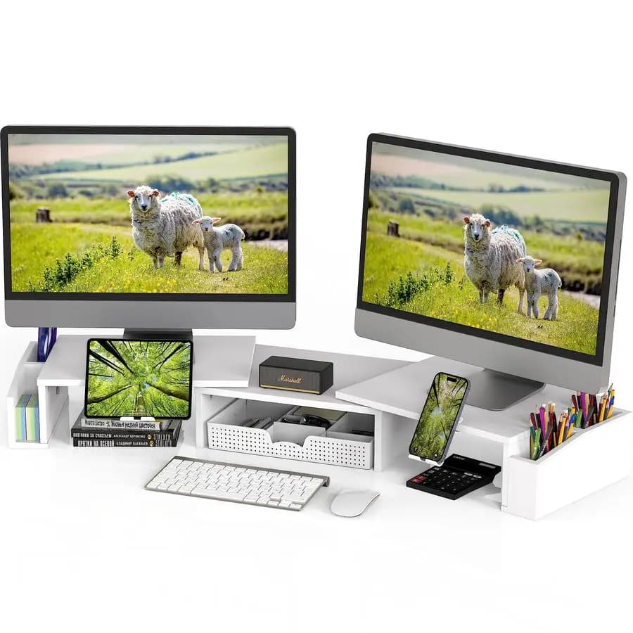 Desk holder for double monitor with drawer, white