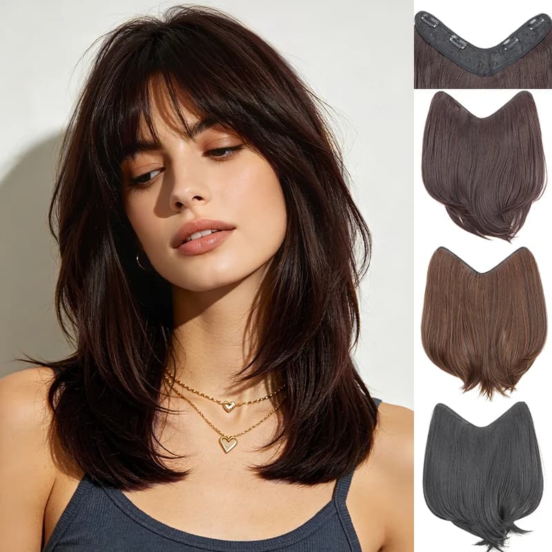 Extension per capelli a clip a V, capelli sintetici neri, design a 4 clip in un unico pezzo, pezzo invisibile per aumentare il volume dei capelli sottili
