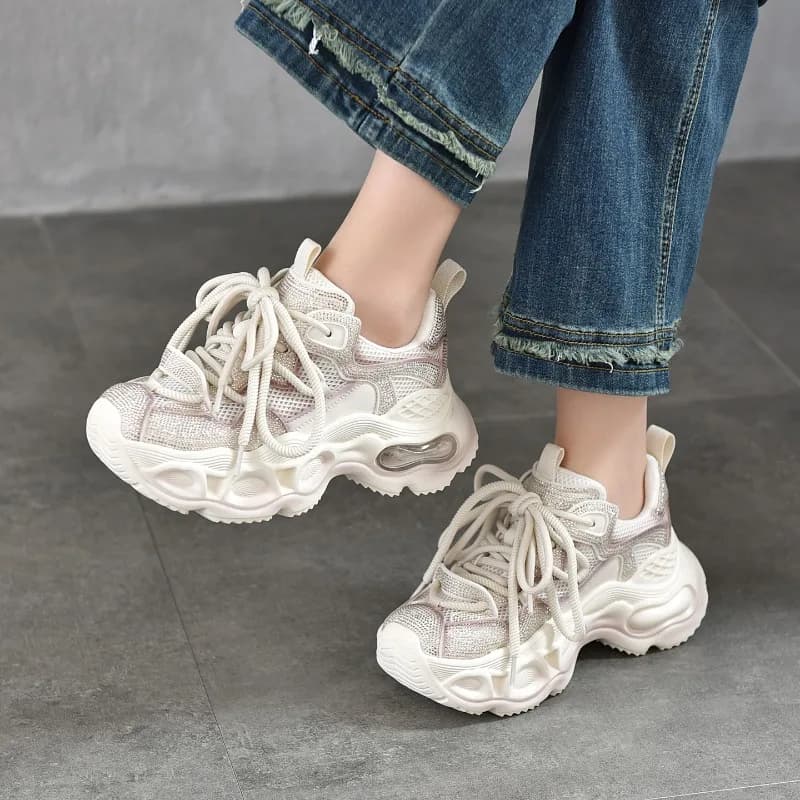 2026 Fashion Women Chunky Platform Casual Sneakers Shining Rhinestone Thick Sole 6cm Height Increasing Lace-Up Dad Shoes