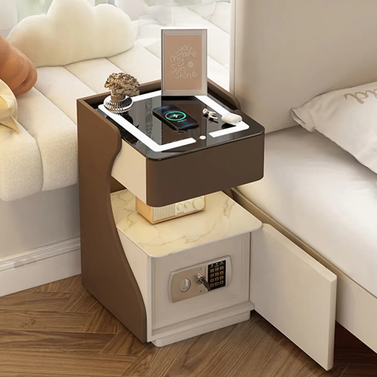 Comodino Intelligente con Serratura e Spazio di Archiviazione Sicuro, Comodino Multifunzionale in Pelle, Comodino Moderno Ricaricabile con Cassaforte