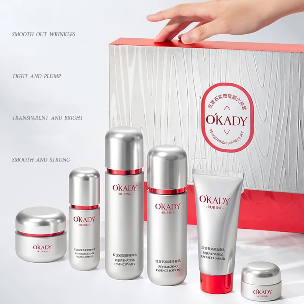 OKADY Ruby Hyaluronic Acid Collagen Hydrolyzed Centella Set For Skin Care Cream For Face Tonic Lotion Essence Eye Cream Detergent for Face