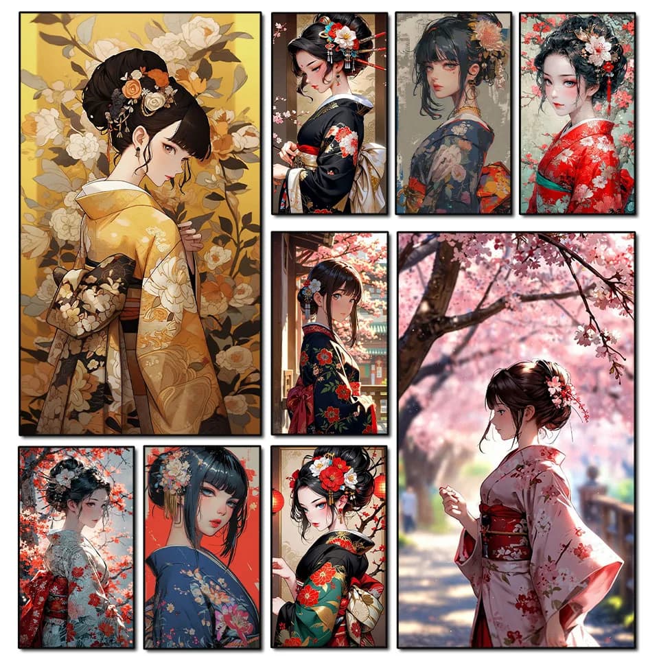 Diamond Art Fai da te Kimono bidimensionale giapponese bellezza Gemma kit punto croce 5D pieno quadrato rotondo strass mosaico decorazioni per la casa