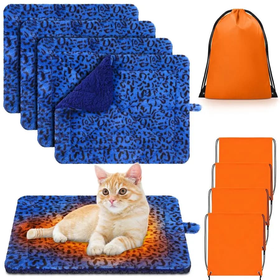 Confezione da 4 tappetini autoriscaldanti per gatti, tappetino riscaldante per cani, gatto blu, coperta termica per animali domestici con borse portaoggetti per cani da compagnia, inverno, esterni, interni