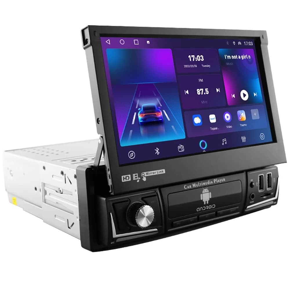 Autoradio Android 14 Quad Core 2G 32G 1 Din Universale con Schermo Retrattile, WiFi, MP5 e Navigazione GPS